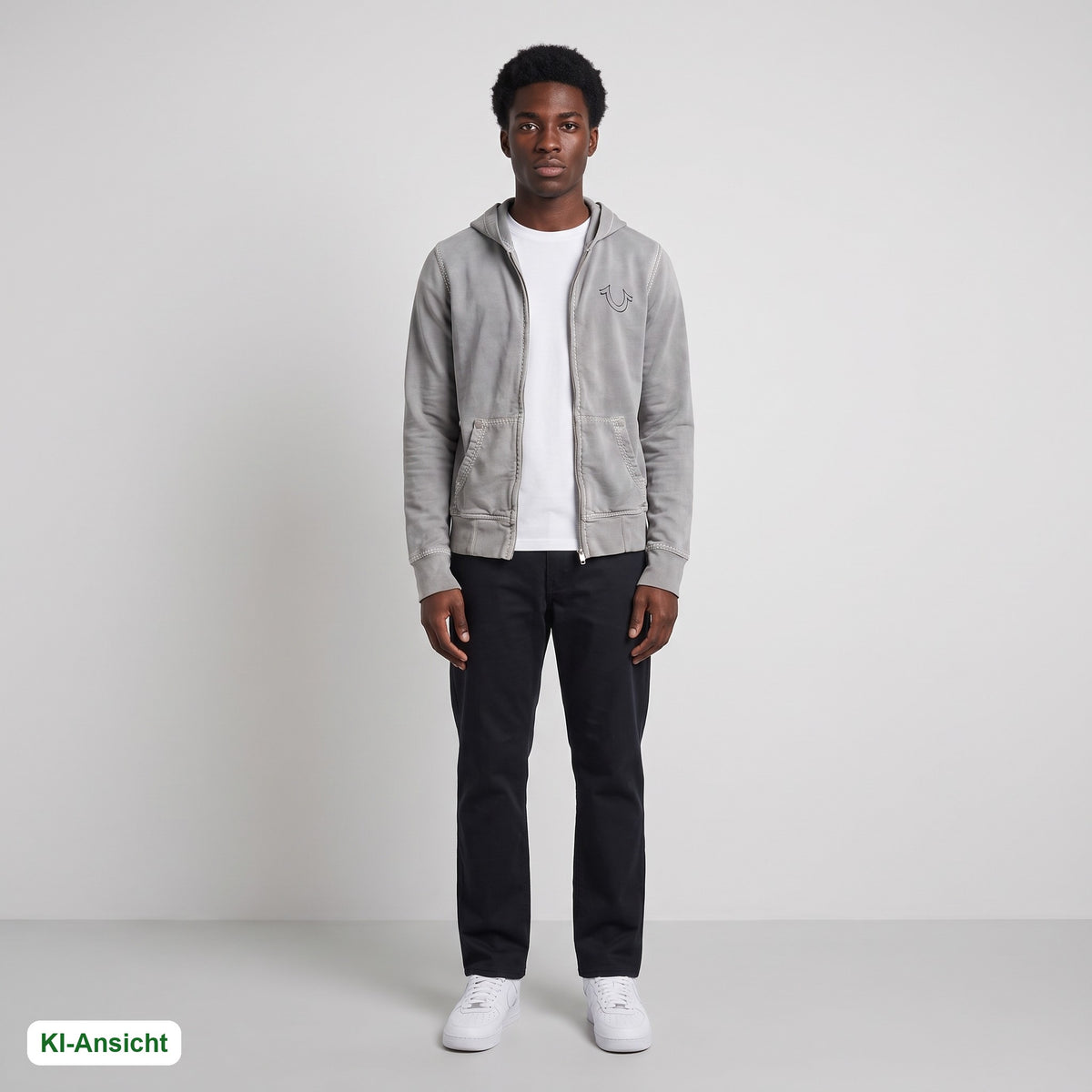KI-Ansicht: Vintage True Religion Hoodie (XS) getragen (KI-Visualisierung, Zustand siehe echte Fotos)