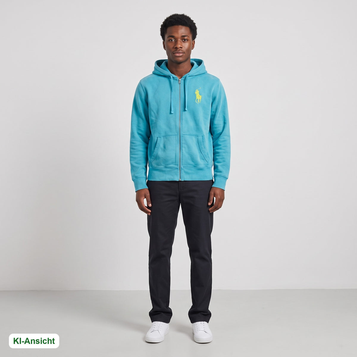KI-Ansicht: Vintage Polo Ralph Lauren Hoodie (M) getragen (KI-Visualisierung, Zustand siehe echte Fotos)