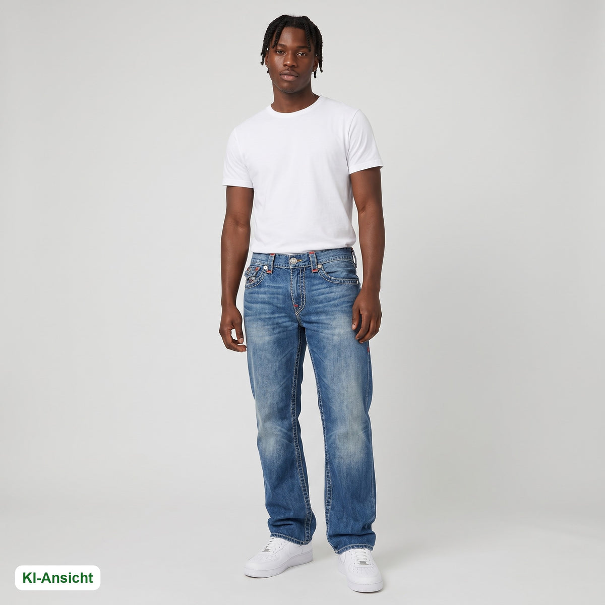 KI-Ansicht: Vintage True Religion Jeans (W36 L30) getragen (KI-Visualisierung, Zustand siehe echte Fotos)