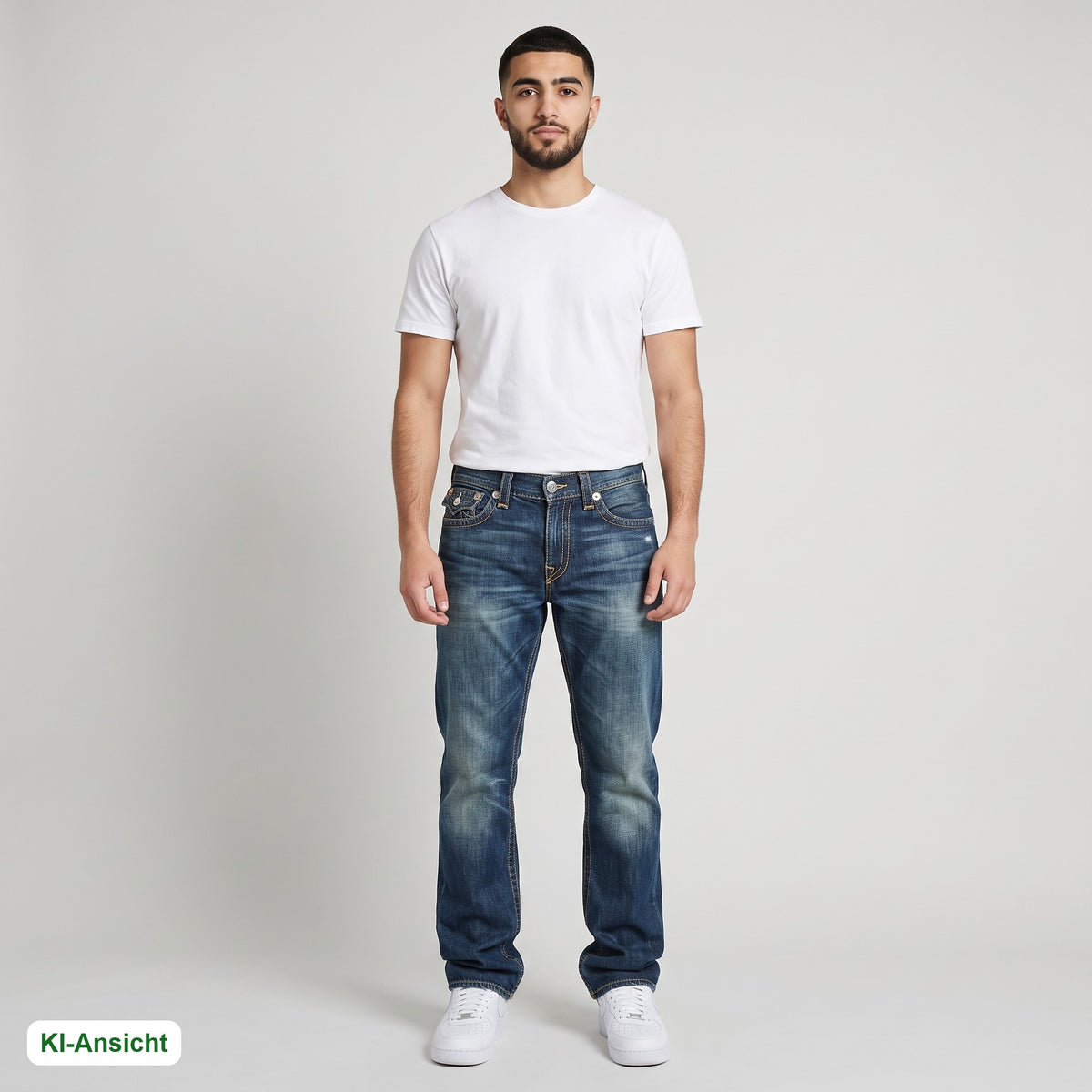 KI-Ansicht: Vintage True Religion Jeans (W31 L34) getragen (KI-Visualisierung, Zustand siehe echte Fotos)