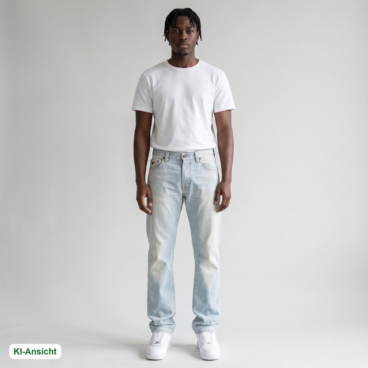 KI-Ansicht: Vintage Armani Jeans (W32 L37) getragen (KI-Visualisierung, Zustand siehe echte Fotos)