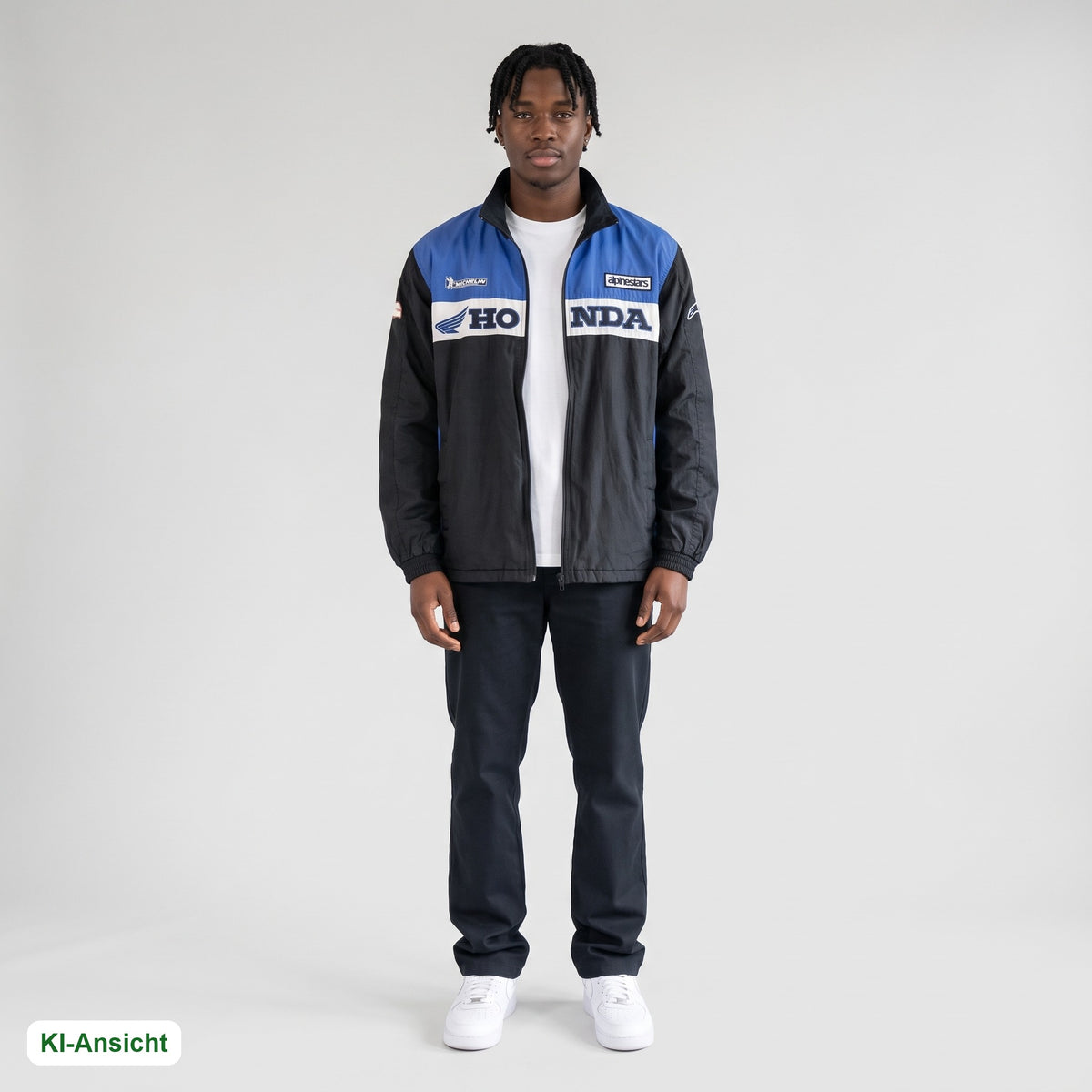 KI-Ansicht: Vintage Honda Jacket (L) getragen (KI-Visualisierung, Zustand siehe echte Fotos)