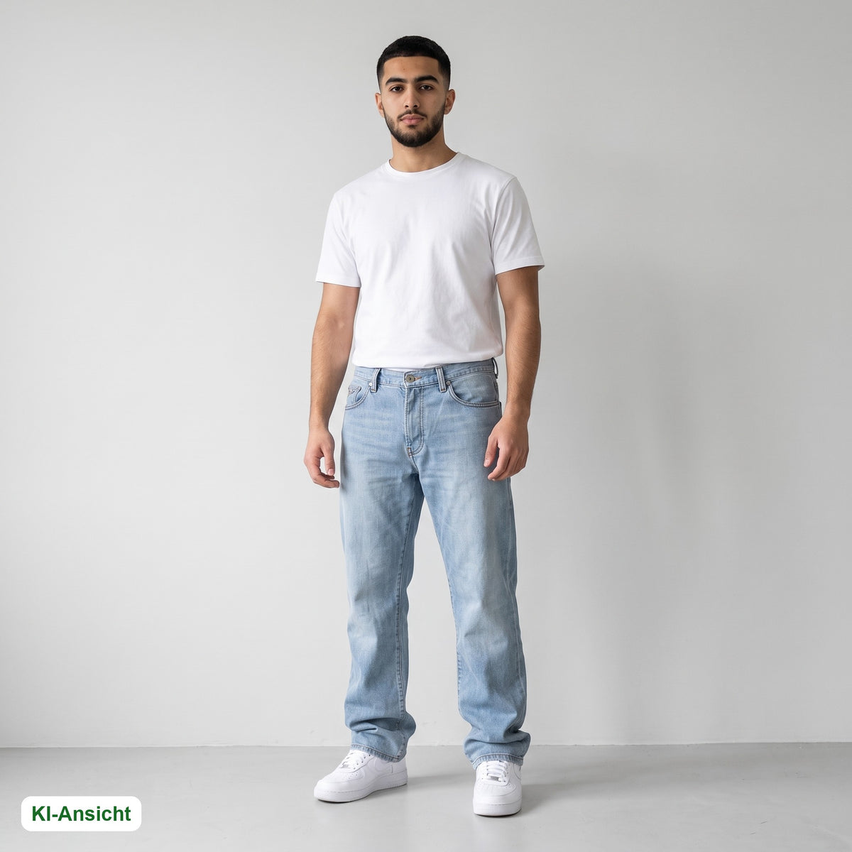 KI-Ansicht: Vintage Armani Jeans (W34 L29) getragen (KI-Visualisierung, Zustand siehe echte Fotos)
