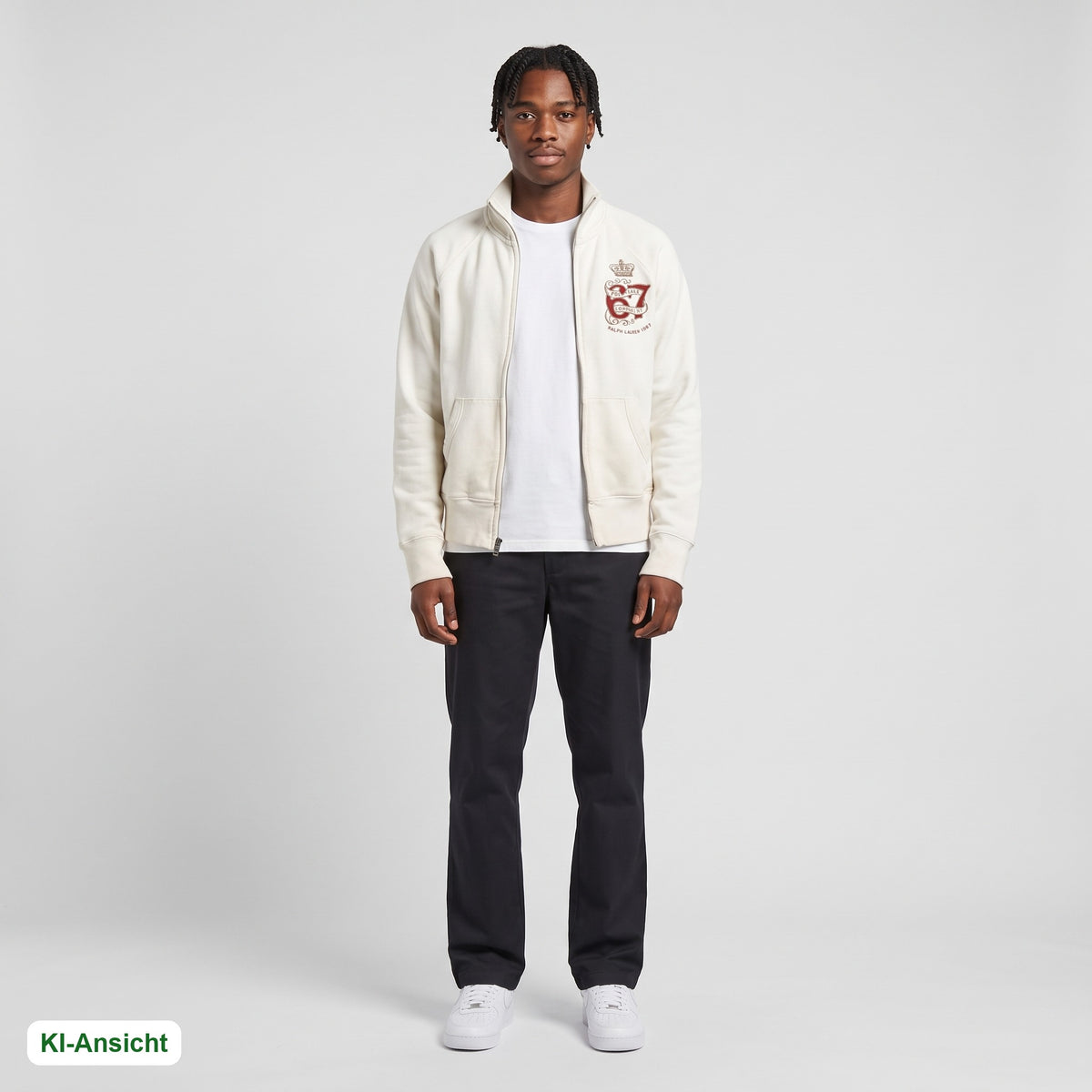 KI-Ansicht: Vintage Polo Ralph Lauren Trackjacket (XS) getragen (KI-Visualisierung, Zustand siehe echte Fotos)