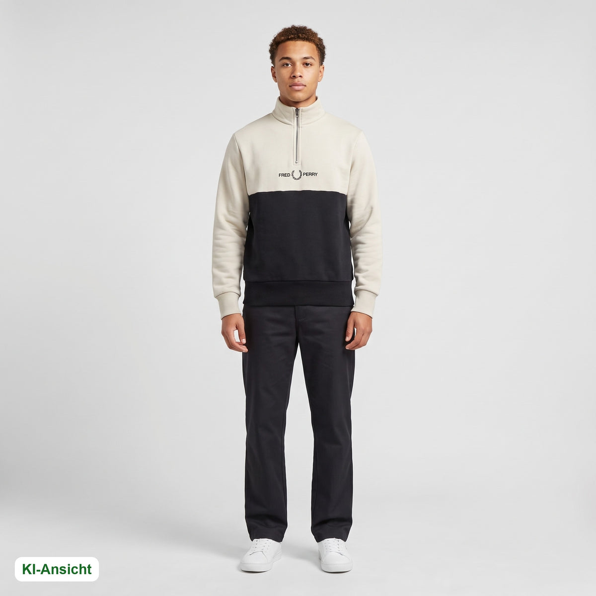 KI-Ansicht: Vintage Fred Perry Halfzip (S) getragen (KI-Visualisierung, Zustand siehe echte Fotos)