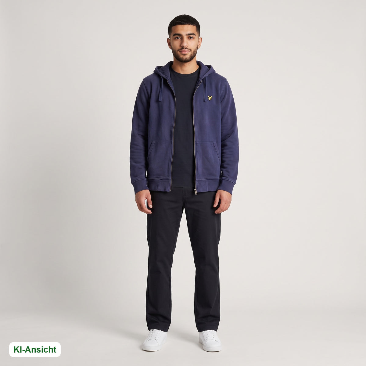 KI-Ansicht: Vintage Lyle & Scott Hoodie (M) getragen (KI-Visualisierung, Zustand siehe echte Fotos)