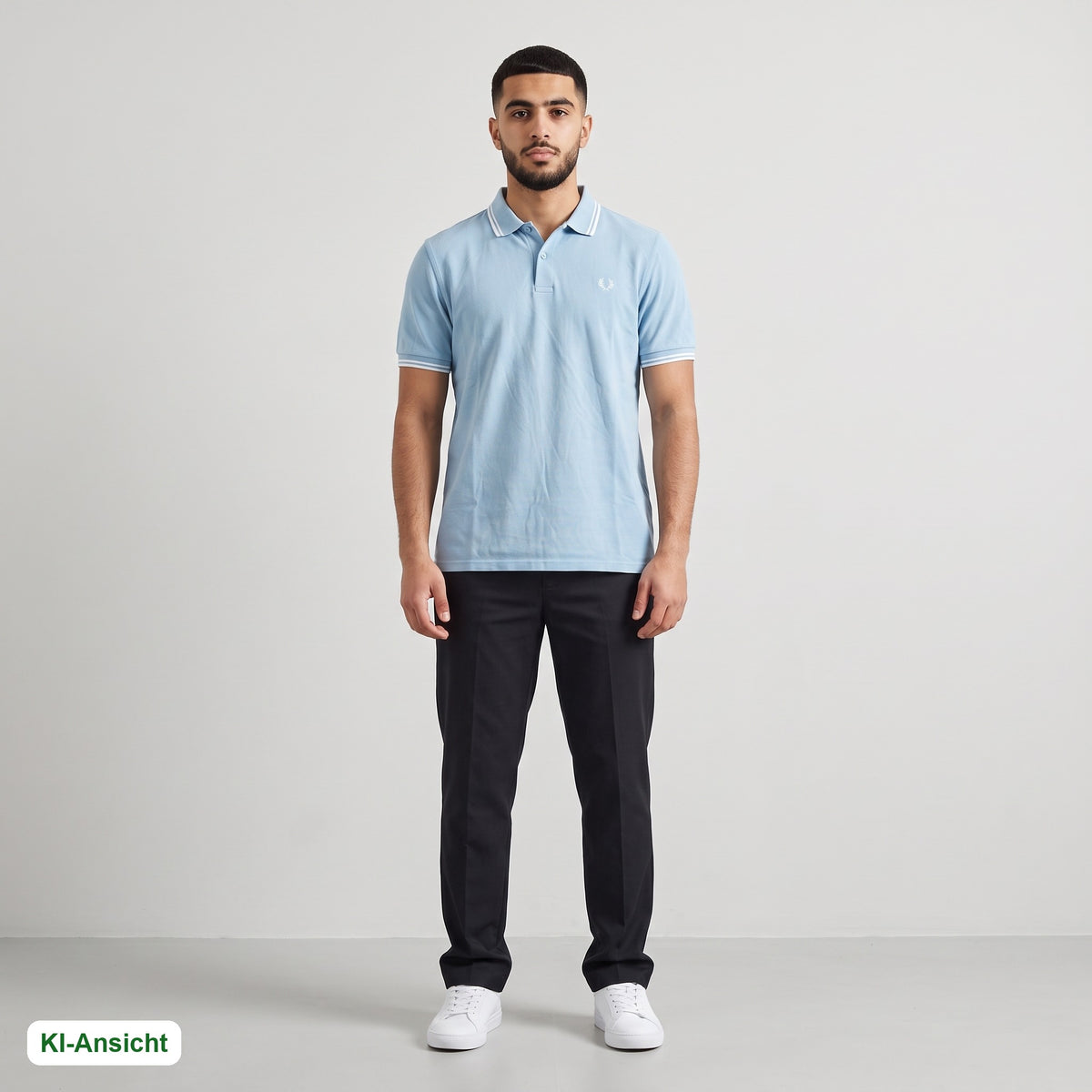 KI-Ansicht: Vintage Fred Perry Poloshirt (L) getragen (KI-Visualisierung, Zustand siehe echte Fotos)