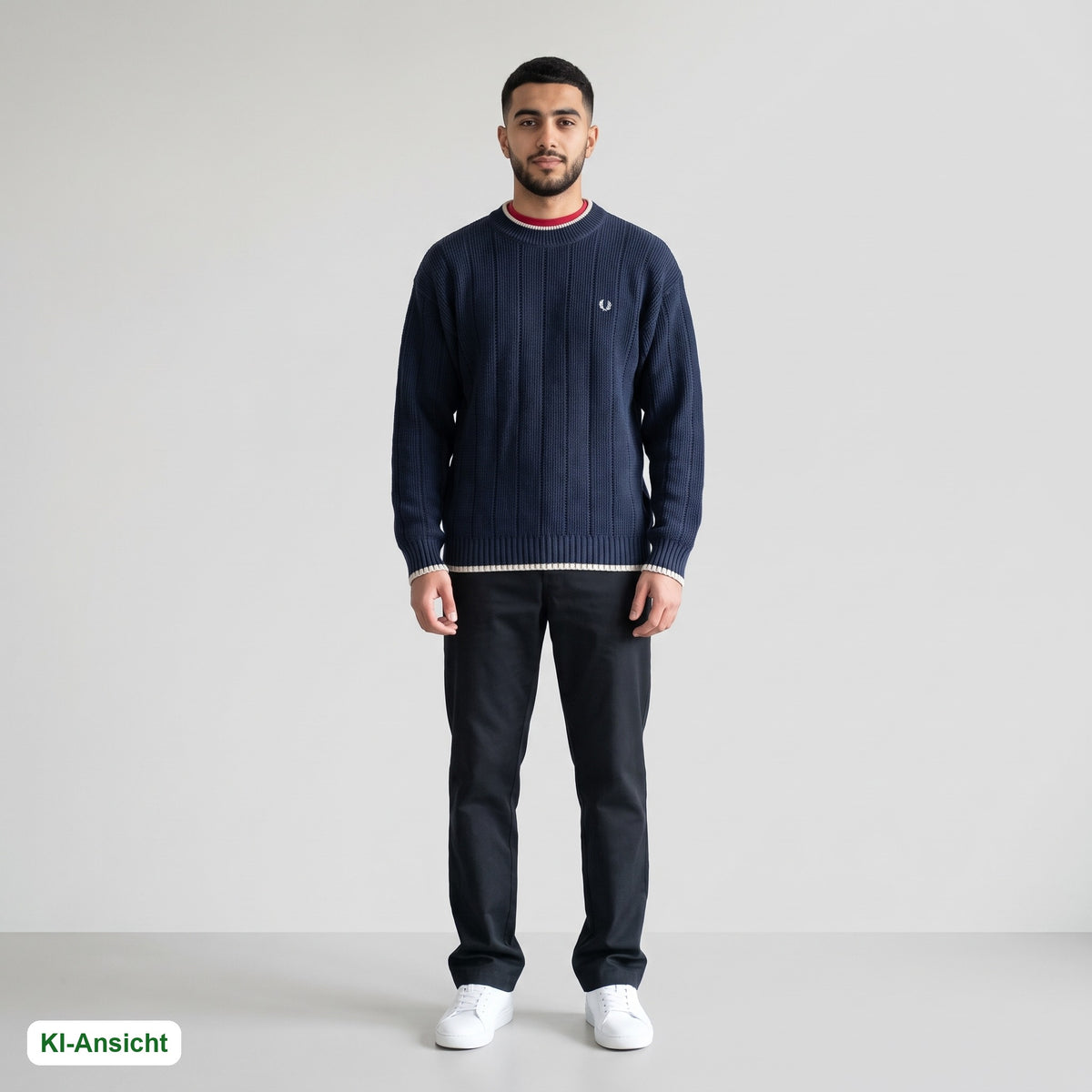 KI-Ansicht: Vintage Fred Perry Sweater (M) getragen (KI-Visualisierung, Zustand siehe echte Fotos)
