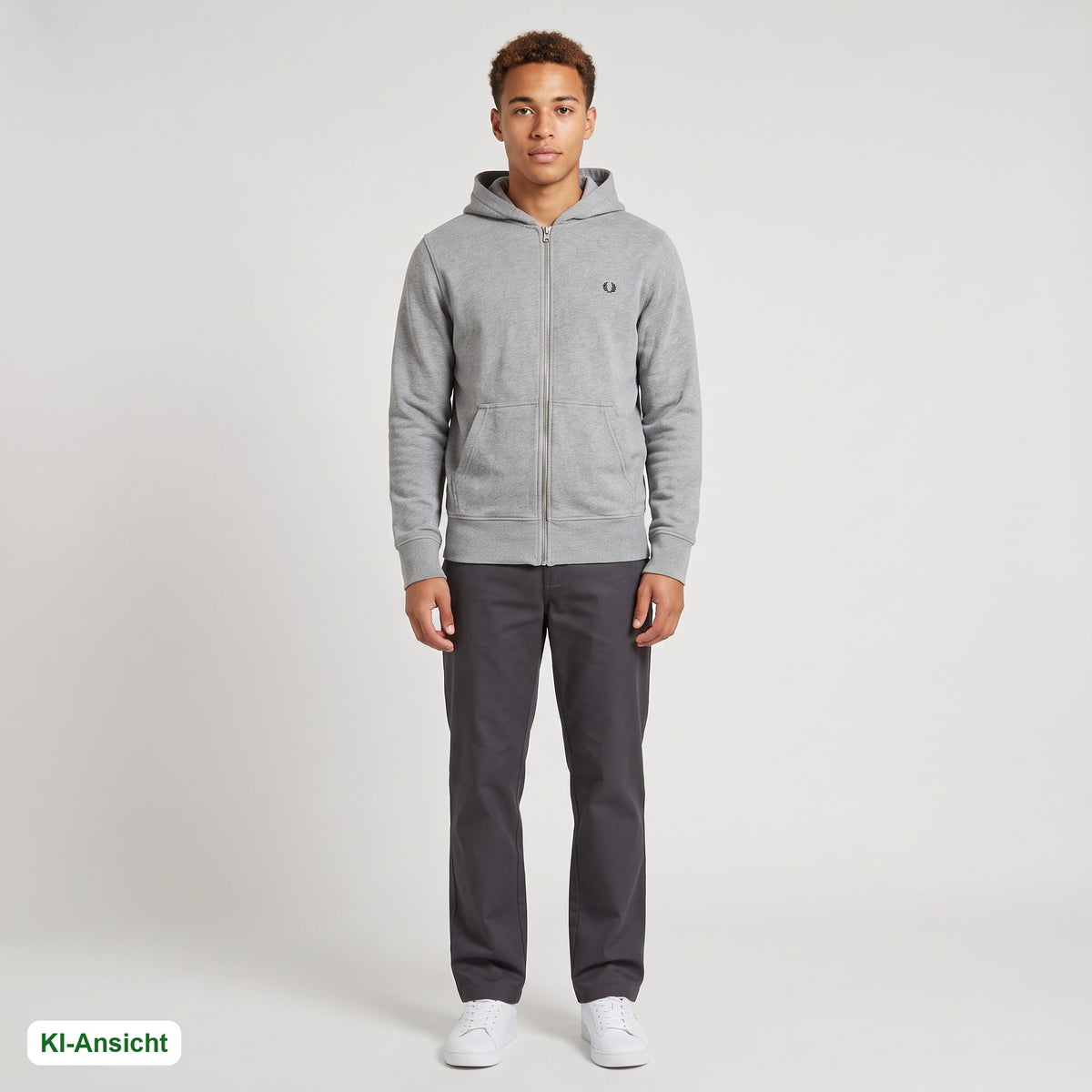 KI-Ansicht: Vintage Fred Perry Hoodie (S) getragen (KI-Visualisierung, Zustand siehe echte Fotos)