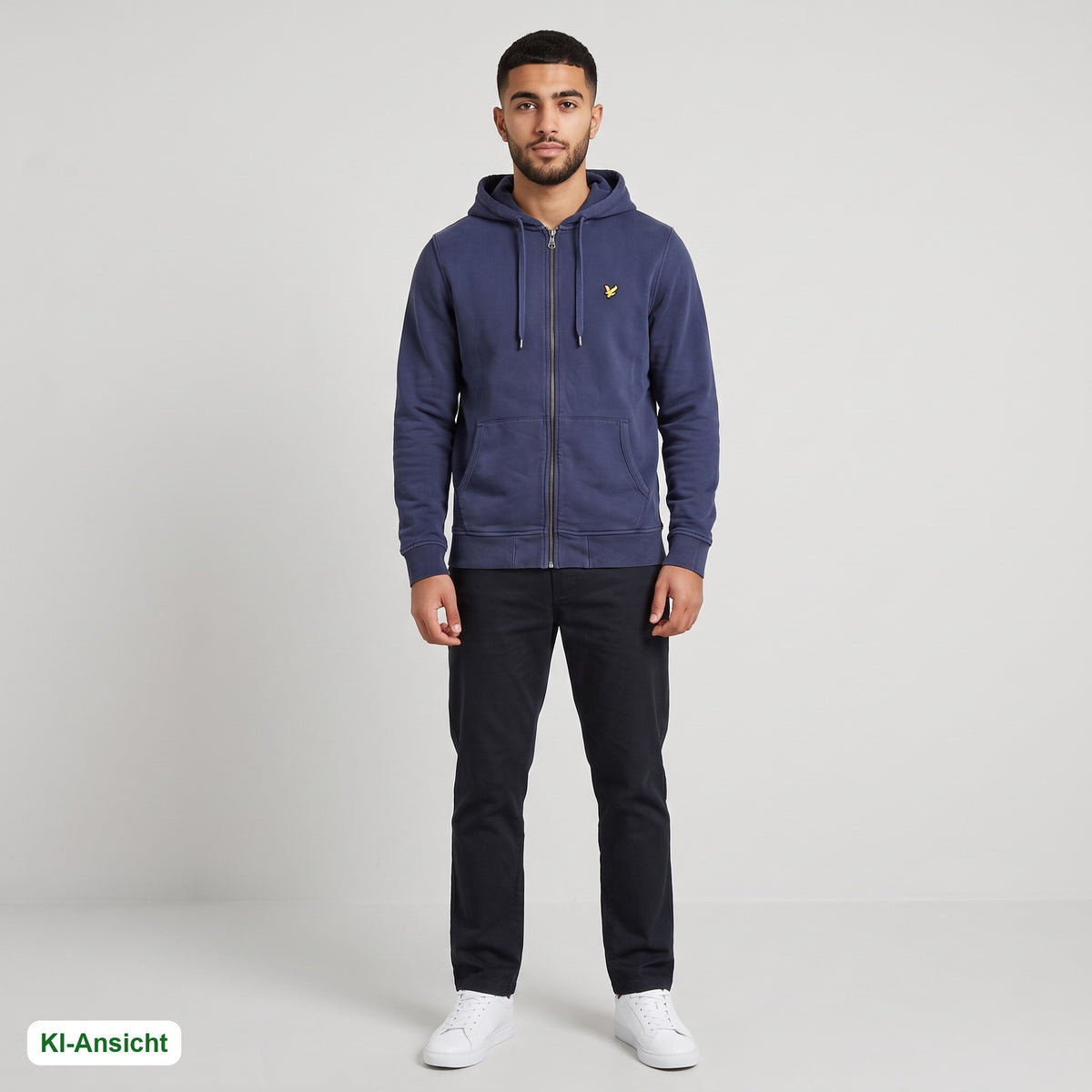 KI-Ansicht: Vintage Lyle & Scott Hoodie (M) getragen (KI-Visualisierung, Zustand siehe echte Fotos)