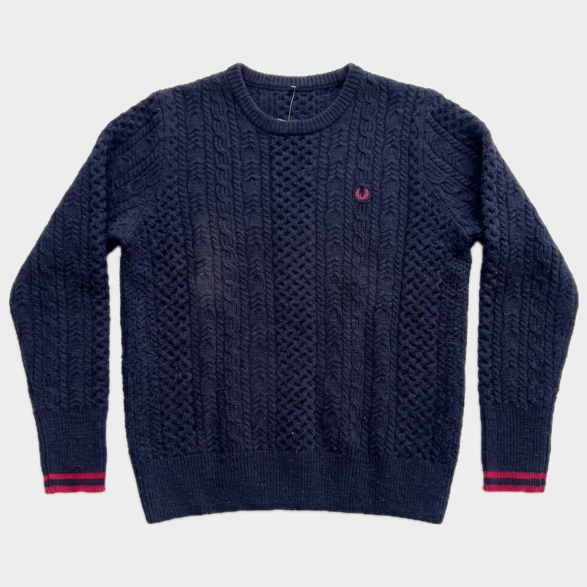 Glattes Liegefoto: Vintage Fred Perry Sweater (M) (KI-Aufbereitung, Zustand siehe echte Fotos)