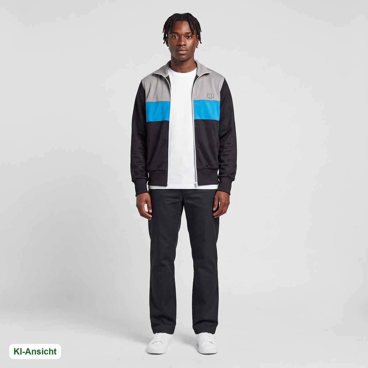KI-Ansicht: Vintage Fred Perry Trackjacket (XS) getragen (KI-Visualisierung, Zustand siehe echte Fotos)