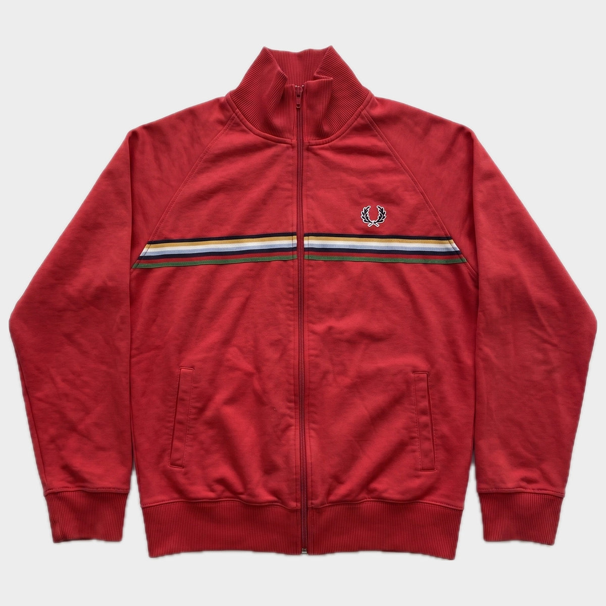 Glattes Liegefoto: Vintage Fred Perry Trackjacket (S) (KI-Aufbereitung, Zustand siehe echte Fotos)