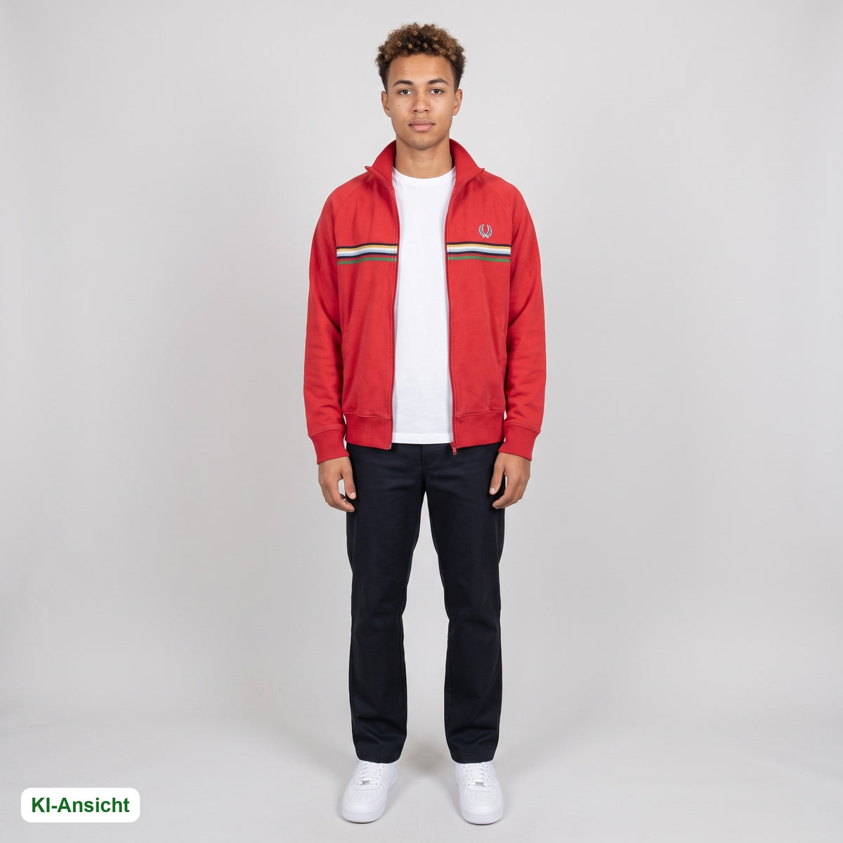KI-Ansicht: Vintage Fred Perry Trackjacket (S) getragen (KI-Visualisierung, Zustand siehe echte Fotos)