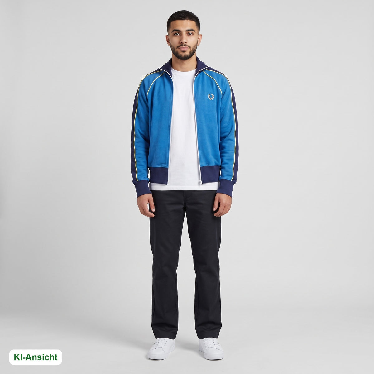 KI-Ansicht: Vintage Fred Perry Trackjacket (XS) getragen (KI-Visualisierung, Zustand siehe echte Fotos)