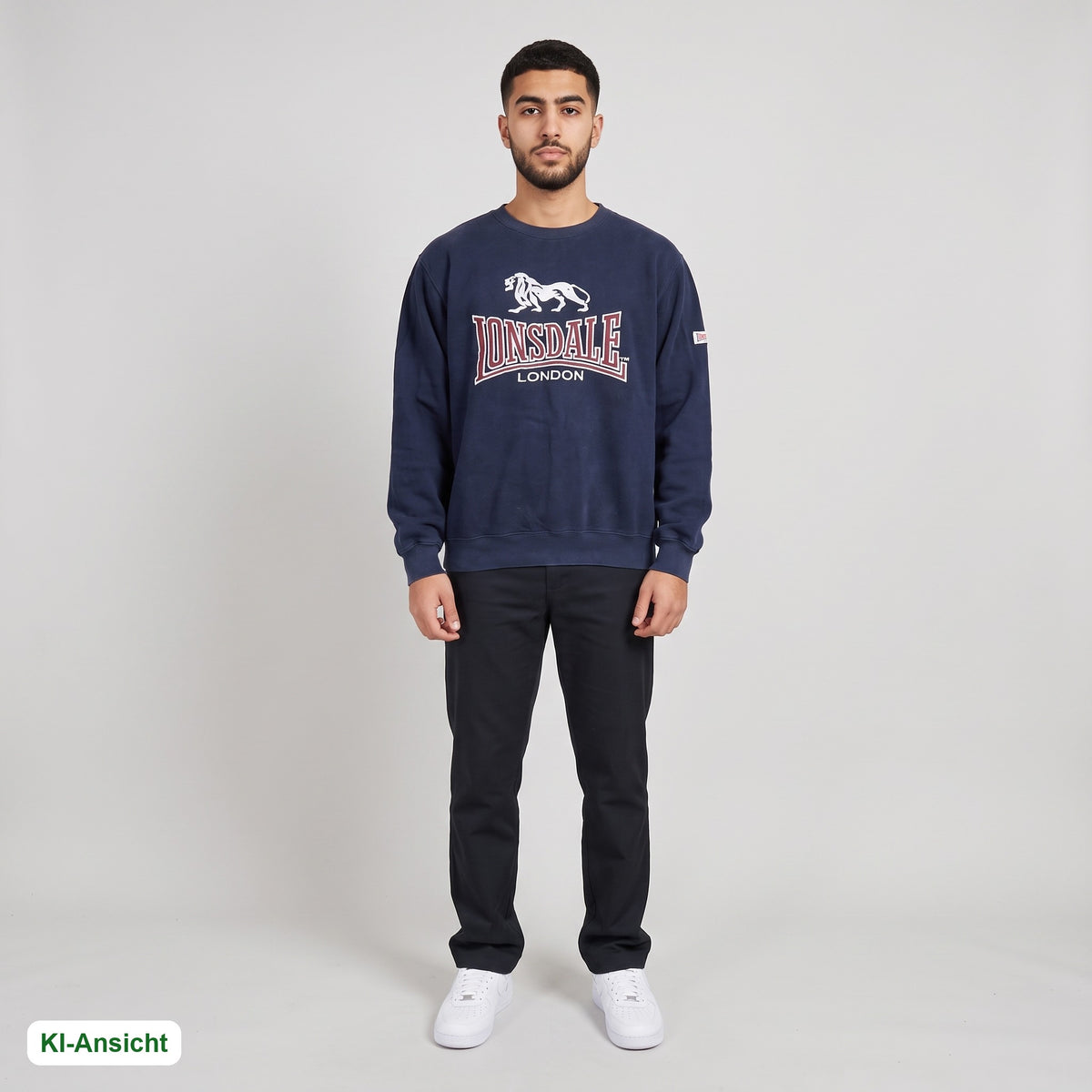 KI-Ansicht: Vintage Lonsdale Sweater (M) getragen (KI-Visualisierung, Zustand siehe echte Fotos)
