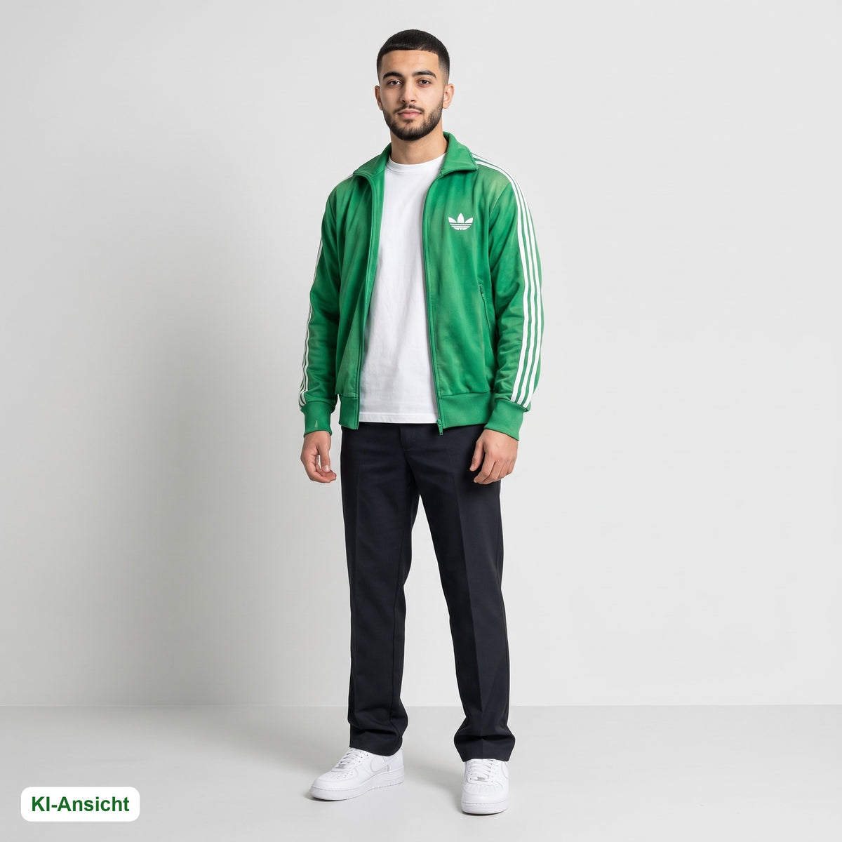 KI-Ansicht: Vintage Adidas Trackjacket (M) getragen (KI-Visualisierung, Zustand siehe echte Fotos)